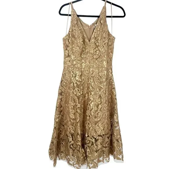 Dress the Population Sequin Lace Blair Dress Floral Gold Nude Size L NWT